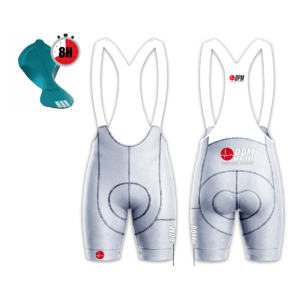 Culotte corto personalizado Shaking BPM - vista frontal y trasera - tejido compresivo sólido de tinta negro con bolsillos laterales cargo de gran capacidad para barritas, geles y móvil, dos bolsillos lumbares traseros, banda antideslizante en pierna, badana M-PERSOLE de triple densidad para larga distancia +8h - ideal ciclismo cicloturista, gravel y aventura - disponible en hombre y mujer